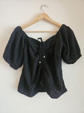 Michael Kors Black Puff Sleeve Linen-Blend Peasant Top Front Drawstring NWOT